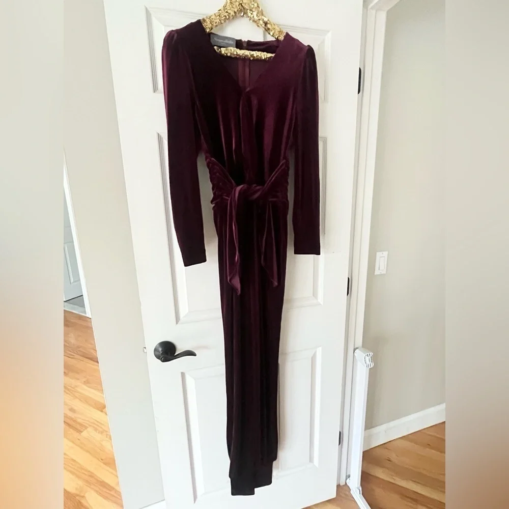 Monique Lhuillier Collection Merlot Soft Velvet Tapered Jumpsuit
